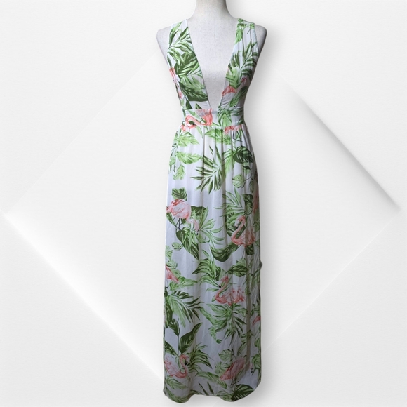 Boohoo Green White&Pink Tropical Vacation Cruise Pool Beach CoverUp Maxi Dress,S - Picture 13 of 13